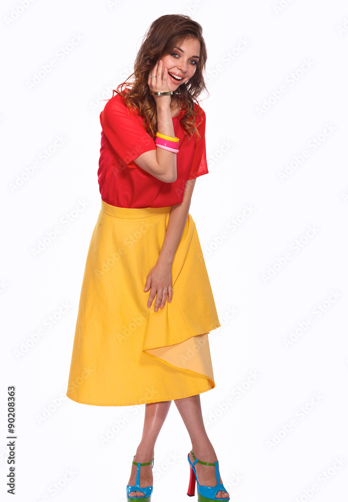 Beautiful woman with curly hair wearing a red jacket, isolated Beautiful woman with curly hair wearing a red jacket, isolated