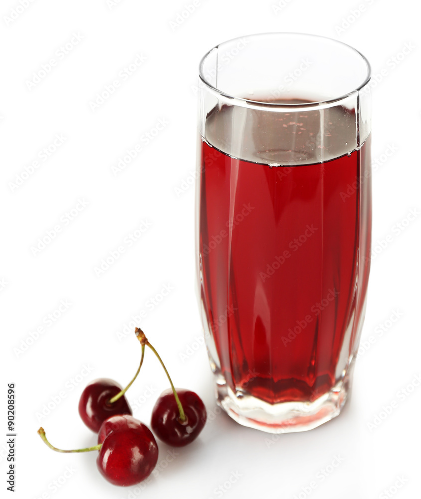 Glass of fresh juice with cherries isolated on white Glass of fresh juice with cherries isolated on white