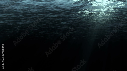 High quality perfectly seamless loop digital animation of deep dark ocean waves from underwater background, light rays shining through, high definition 4k and 1080p