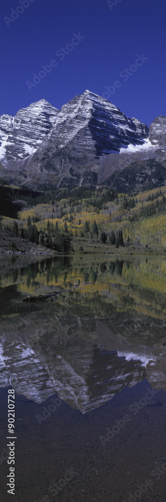Panoramic view of autumn colors of Aspens reflecting in lake under Maroon Bells, Colorado, near Aspen