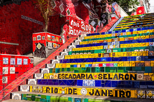 Escadaria Selaron in Rio de Janeiro, Brazil. Escadaria Selaron is a set of world-famous steps decorated with blue, green and yellow tiles – the colours of the Brazilian flag.