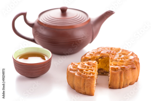 Mooncakes. Traditional Mooncak eand hot tea - Chinese cake photo