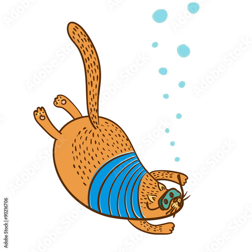 cat the diver isolated on white vector illustration