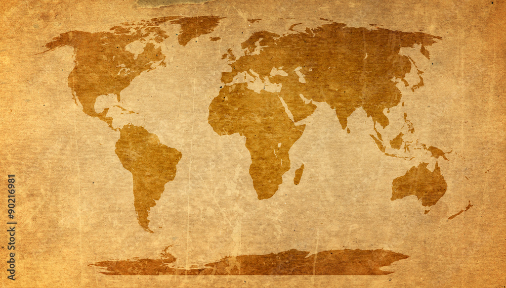 world map on old paper texture - brown paper sheet.