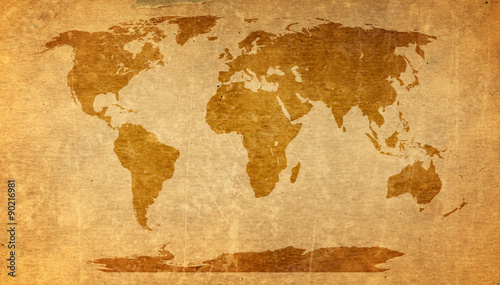Fototapeta Naklejka Na Ścianę i Meble -  world map on old paper texture - brown paper sheet.