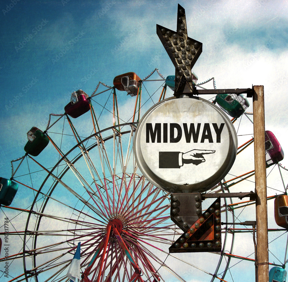 aged and worn vintage photo of midway way sign at carnival Stock Photo ...