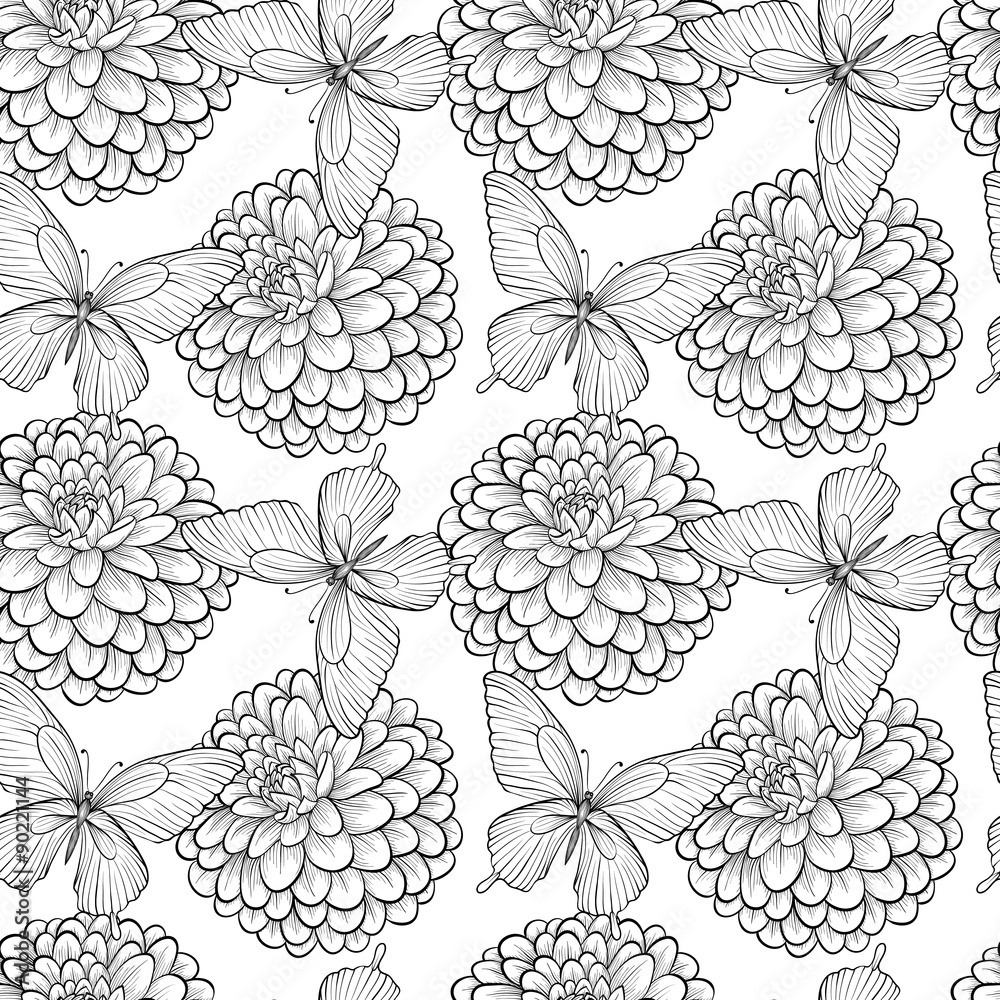 Beautiful seamless background with monochrome black and white butterflies and dahlias. Hand-drawn contour lines and strokes. Beautiful seamless background with monochrome black and white butterflies and dahlias. Hand-drawn contour lines and strokes.