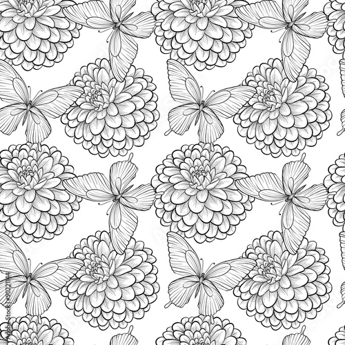Beautiful seamless background with monochrome black and white butterflies and dahlias. Hand-drawn contour lines and strokes.