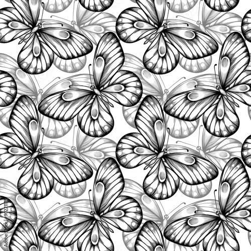 seamless background of butterflies black and white colors.