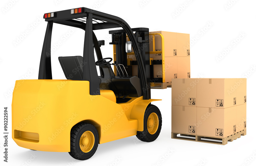 Forklift truck with cardboard boxes on wooden pallet