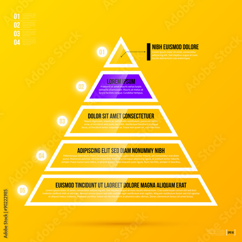 Pyramid chart template with five options on bright yellow background. EPS10