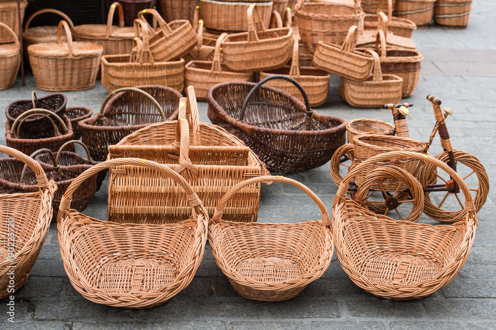 The variety of baskets on the street market.