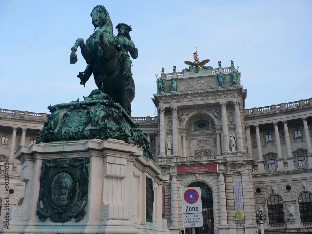 Vienna, Austria - October 14, 2010: Bronze statue of horse rider on background of palace