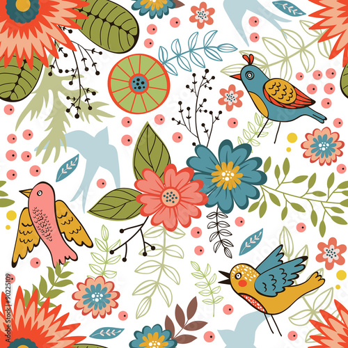 Colorful seamless pattern with birds and blooming flowers