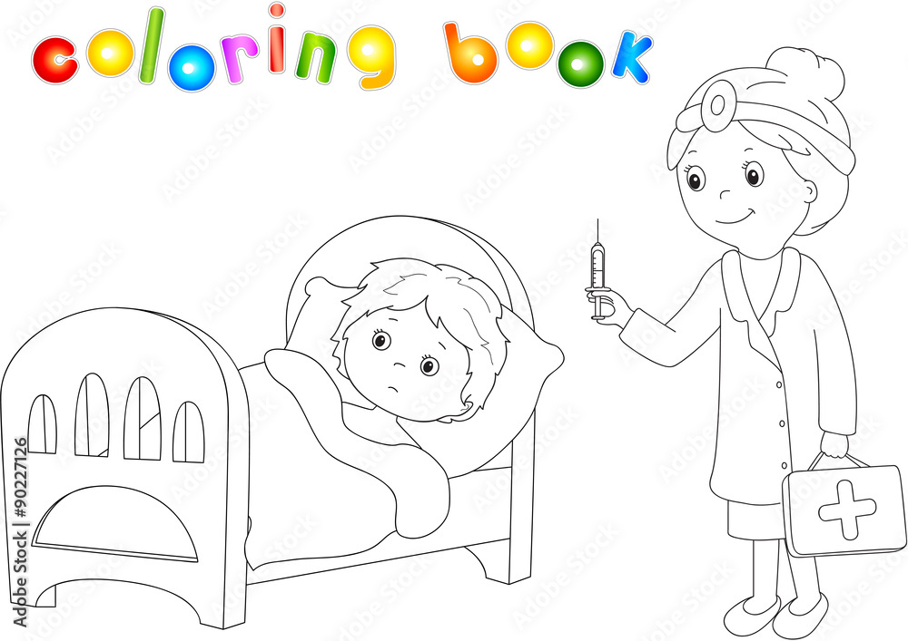 Doctor makes vaccination to the patient. Sick boy lies in bed. C Doctor makes vaccination to the patient. Sick boy lies in bed. C