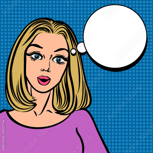 Illustration of surprised woman face with the speech bubble.