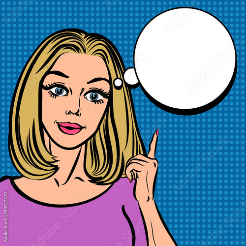 Illustration of woman with the speech bubble. Pop Art poster.