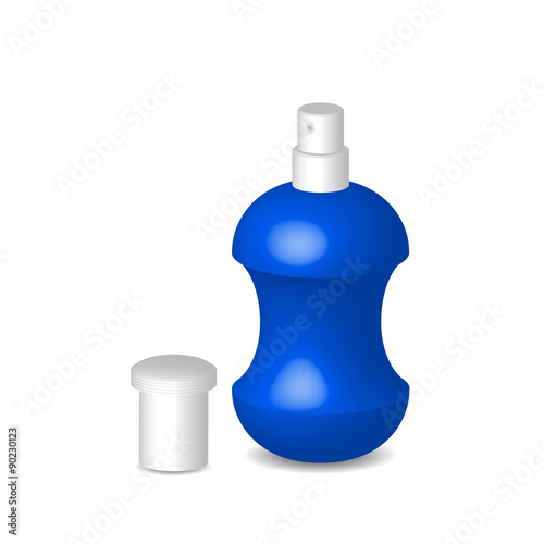 Women perfume in blue bottle, container with cap, illustration,