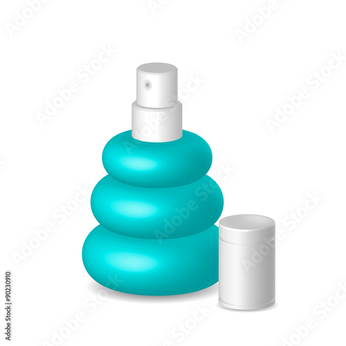 Women perfume in blue bottle, container with cap, illustration,