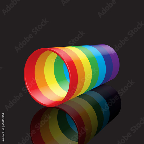 Colorful rainbow plastic cup with reflection, on dark background