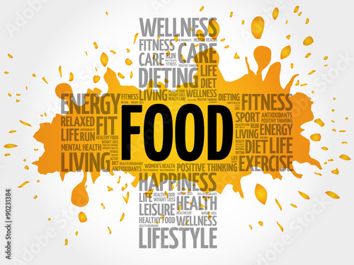 FOOD word cloud, health cross concept