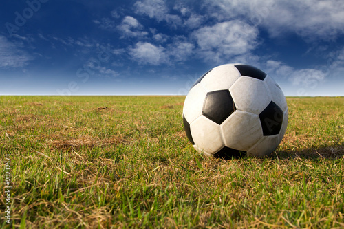 football field soccer stadium on the green grass blue sky  © janews094
