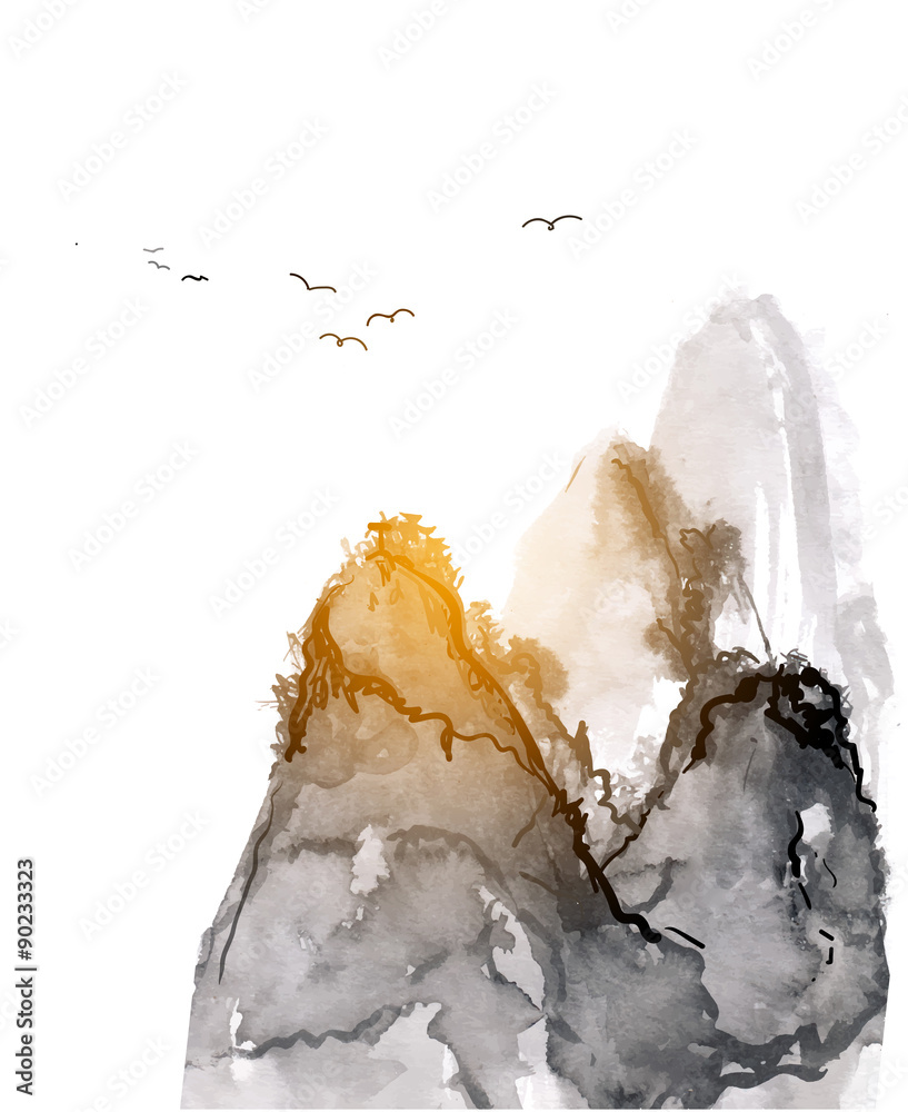 Obraz Góry, ręcznie rysowane tuszem