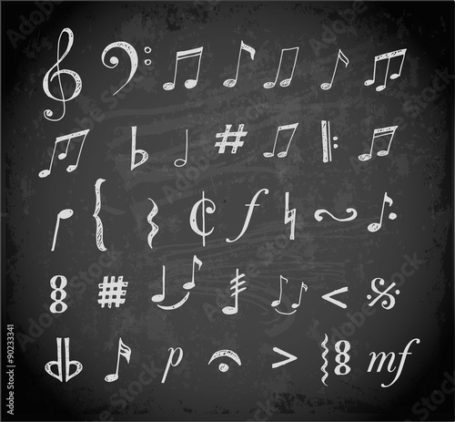 Music notes and signs hand-drawn in sketchy style