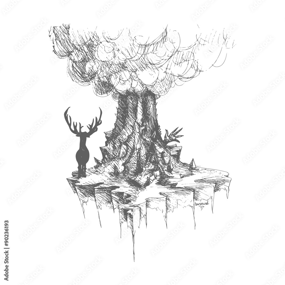 Vector deer on island from rocks and volcano Vector deer on island from rocks and volcano