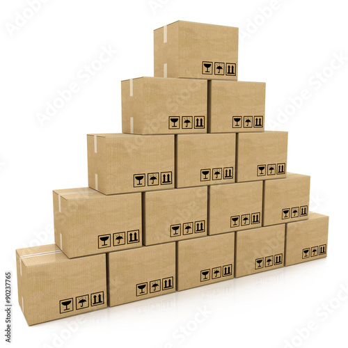 pyramid of cardboard boxes on a white background