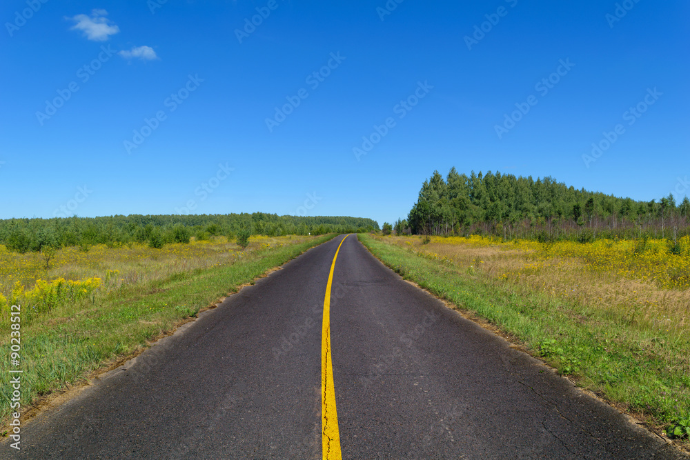 Country asphalt highway with one line of solid yellow road markings