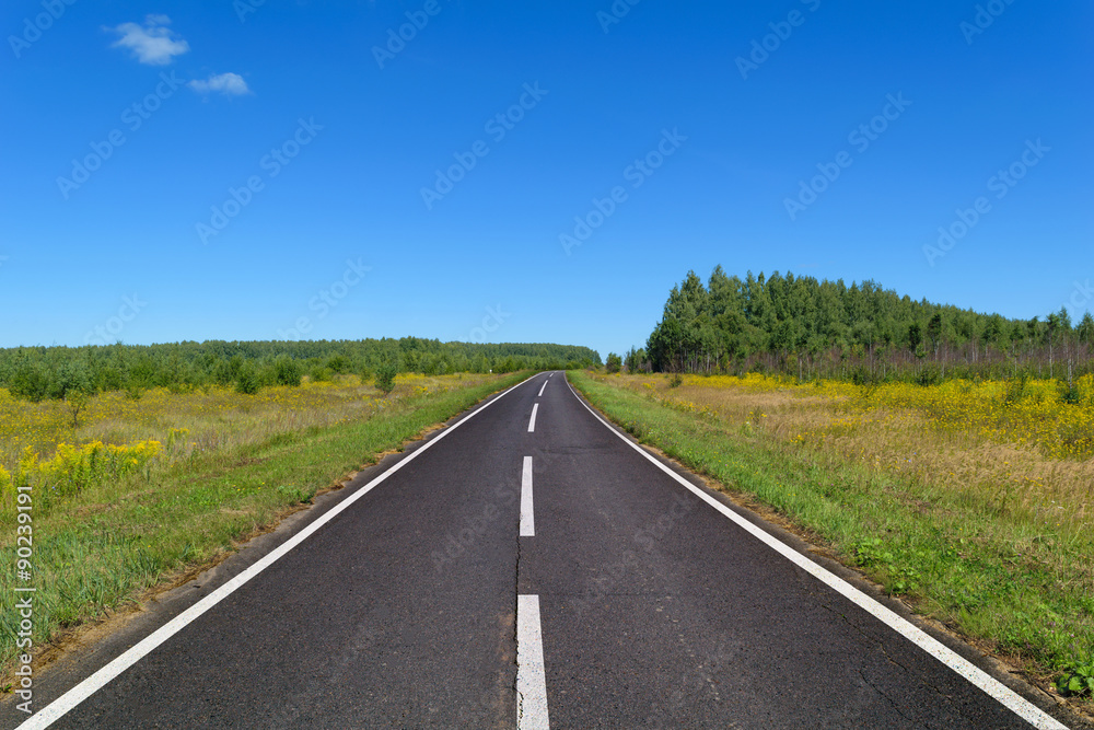 Country asphalt highway with one line of dashed and two line of solid white road markings