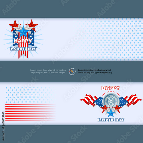 Labor Day, abstract, graphic, design web banner; Header layout template; Set of banners design with blue, white, red stars and national flag colors for American Labor Day; Space for text