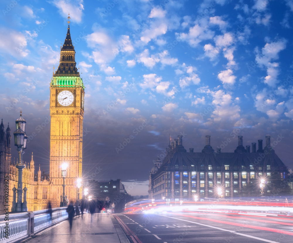 Beautiful colors of Big Ben from Westminster Bridge at Sunset -