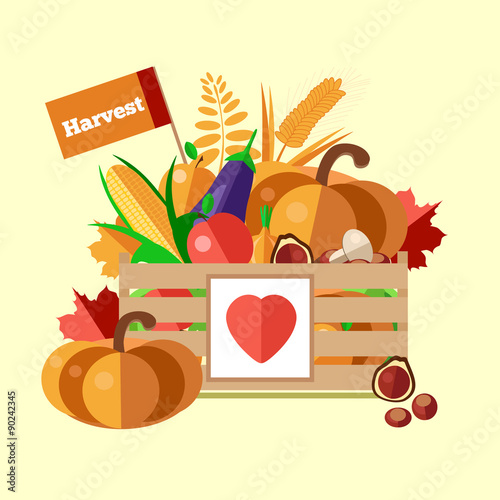Wooden box with autumn fruits and vegetables. Vector illustration of the autumn harvest. The background of fresh, natural foods. Cart with product buy in supermarket. Diet and organic food template.