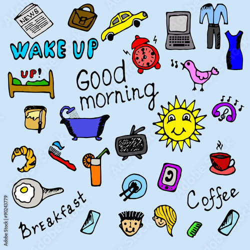 Colored morning icons set hand-drawn