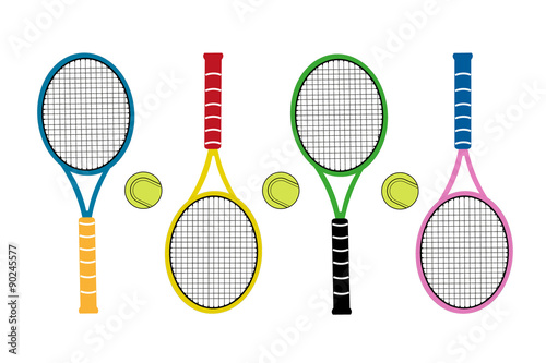 Colored big tennis rackets with tennis ball. Active sports.