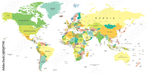 Obraz na płótnie Mapa świata - bardzo szczegółowe ilustracji wektorowych.