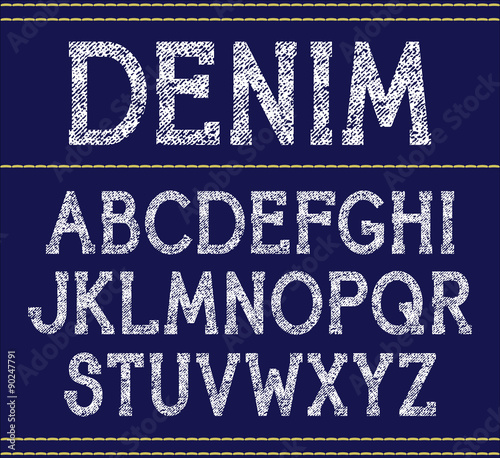 Vector serif font  handcrafted texture. White print on blue background
