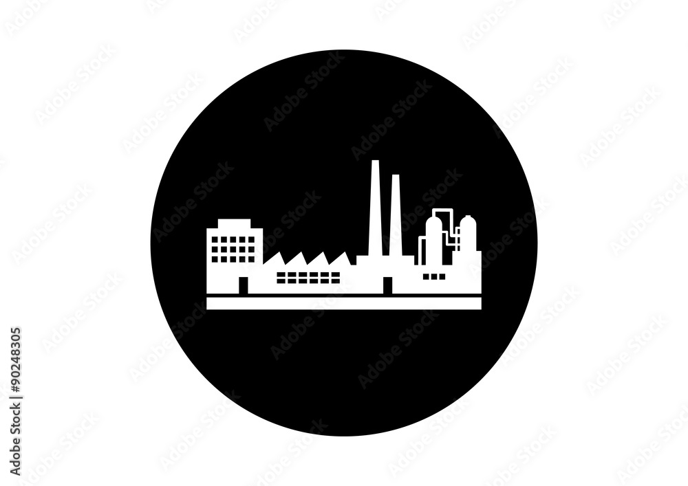 Black and white factory icon on white background