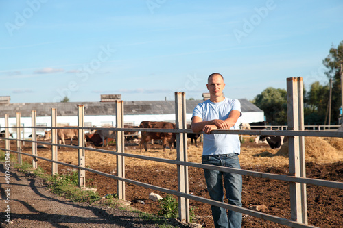 Farmer is working on farm with dairy cows