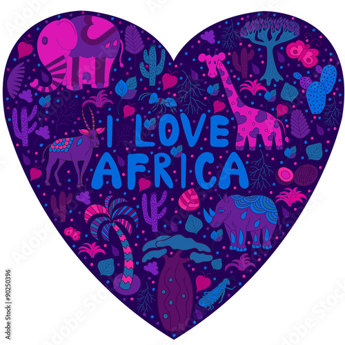 Cute Africa pattern in silhouette of heart with wild animals fro