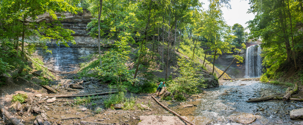 Fototapeta premium Decew Falls from the gorge below Morningstar Mill turbine shed St Catharines Niagara Region