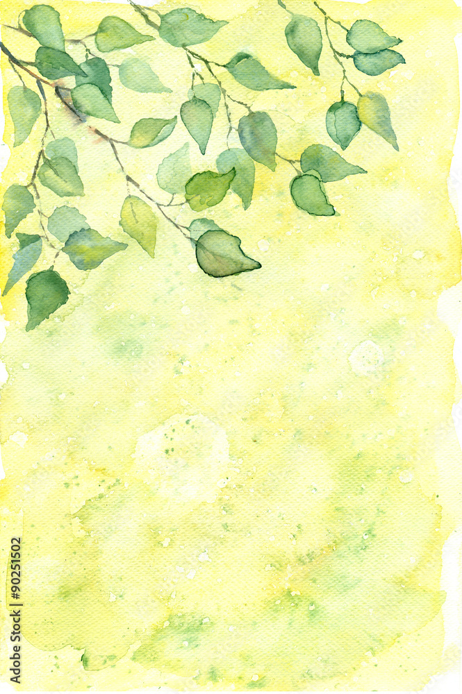 Naklejka premium Watercolor brich branch on yellow background 