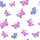 Hand painted real watercolor pink blue butterfly - seamless patt