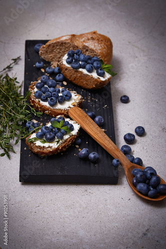 Tasty healthy food bread cream cheese blueberry juicy organic