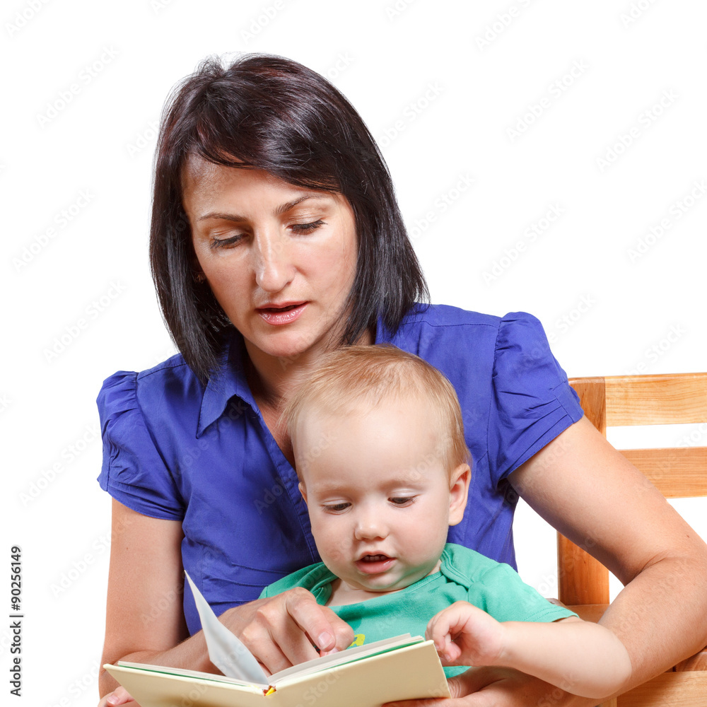 Mother reading a book to his mischievous kid. Isolated on white Mother reading a book to his mischievous kid. Isolated on white