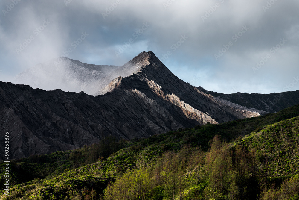 Fototapeta premium Bromo active volcano crater sulfur fog mist