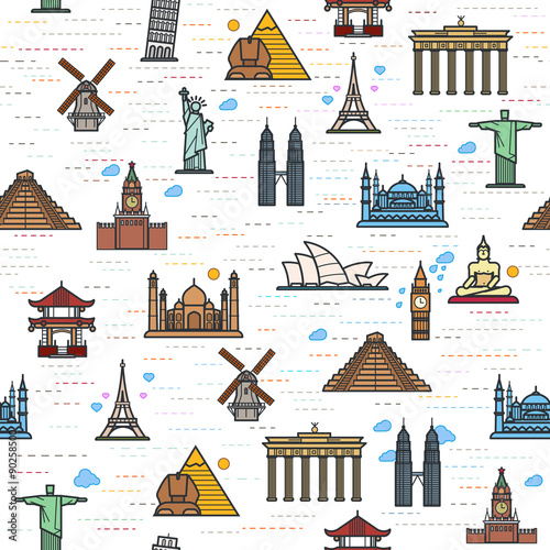Seamless color pattern of the attractions of the world, outline drawing for your application. The most famous place for travel