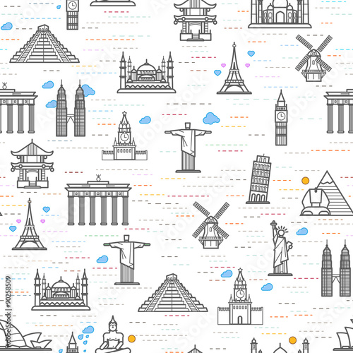 Seamless pattern of the attractions of the world, outline drawing for your application. The most famous place for travel